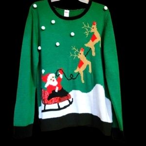 Santa Sequin Sleigh Christmas Sweater Green Holiday Time XL